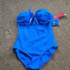 Spanx Vintage Style Blue Polka Dot One Piece Swimsuit Bathing Suit NWT